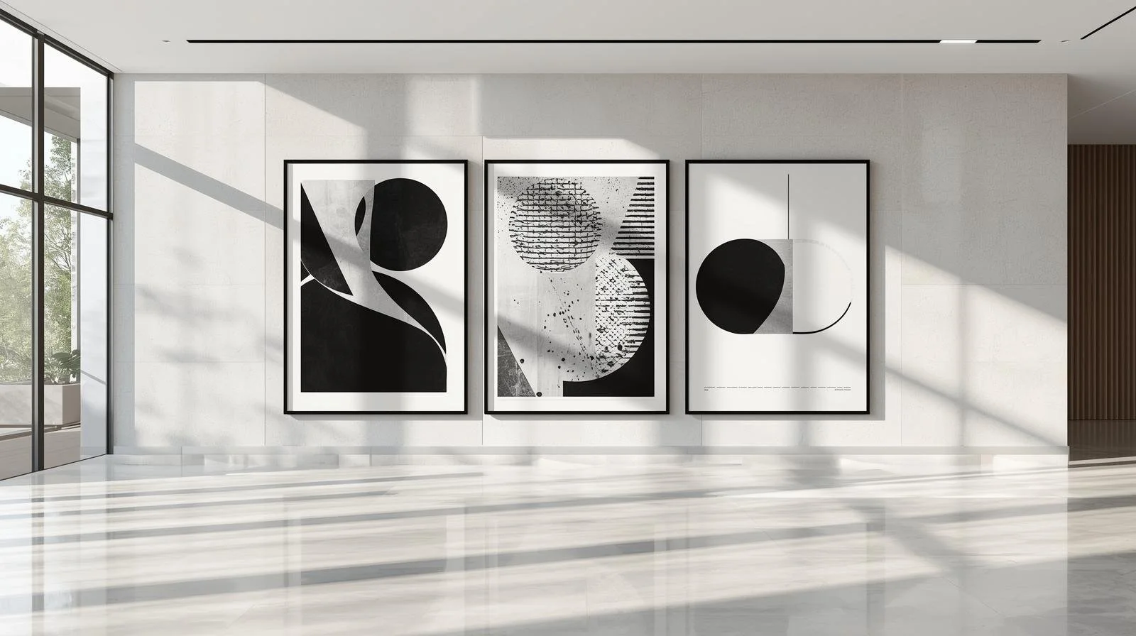 Three black and white abstract art prints hanging on a white wall in a modern gallery with large windows and natural sunlight.