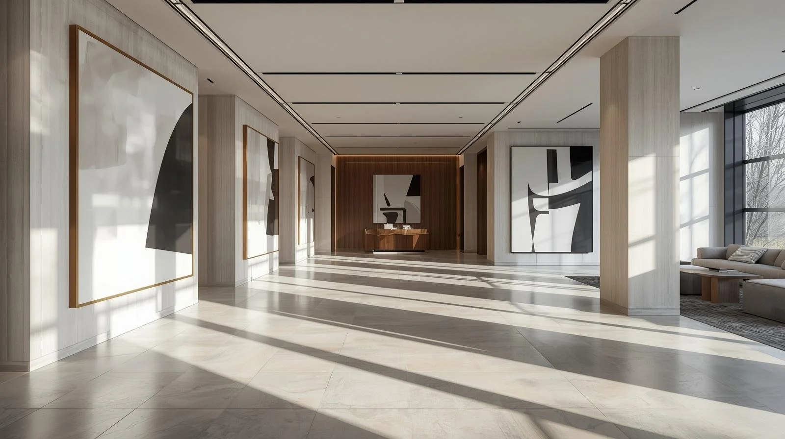 Modern art gallery with large abstract black and white paintings on the walls, sunlight streaming through large windows casting shadows on the floor, and a cozy seating area on the right.