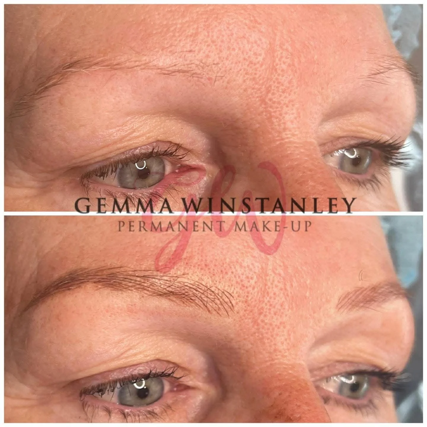 Close-up comparison of a person's eyelids before and after permanent makeup treatment for eyebrows. The top section shows no eyebrows, while the bottom section shows well-defined, natural-looking eyebrows.