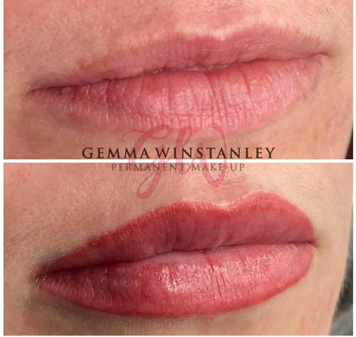 Close-up comparison of lips before and after permanent makeup application, showing natural lips and lips with enhanced, defined lipstick look.