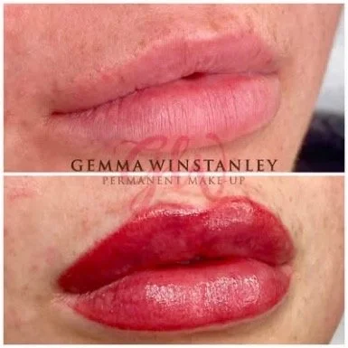 Close-up of lips showing a before-and-after comparison of permanent makeup lip tattooing, with the before lips appearing natural and the after lips vibrantly colored with red pigment.