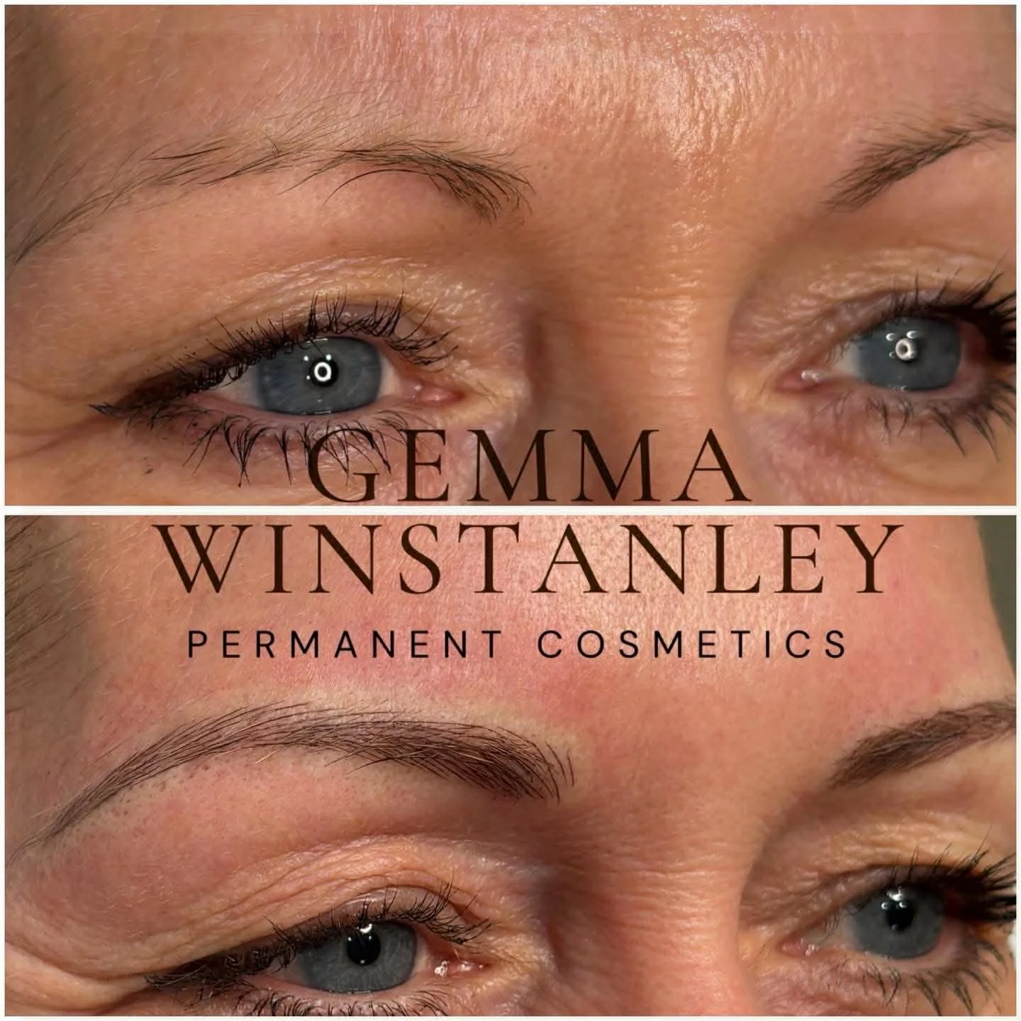 Close-up of a woman's eyes and eyebrows, showcasing before and after results of permanent cosmetic makeup by Gemma Winstanley.