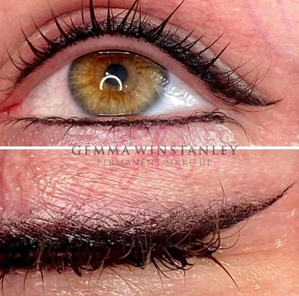 Close-up of a human eye with makeup and the text "Gemma Winstanley Permanent Makeup" overlaid on the image.