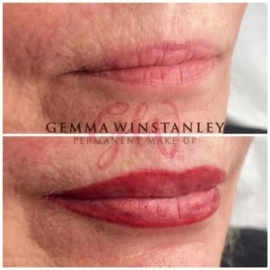 Close-up of a person's lips showing before and after makeup application, with the after image featuring well-defined, red lipstick. Text on the image reads 'GEMMA WINSTANLEY PERMANENT MAKEUP'.