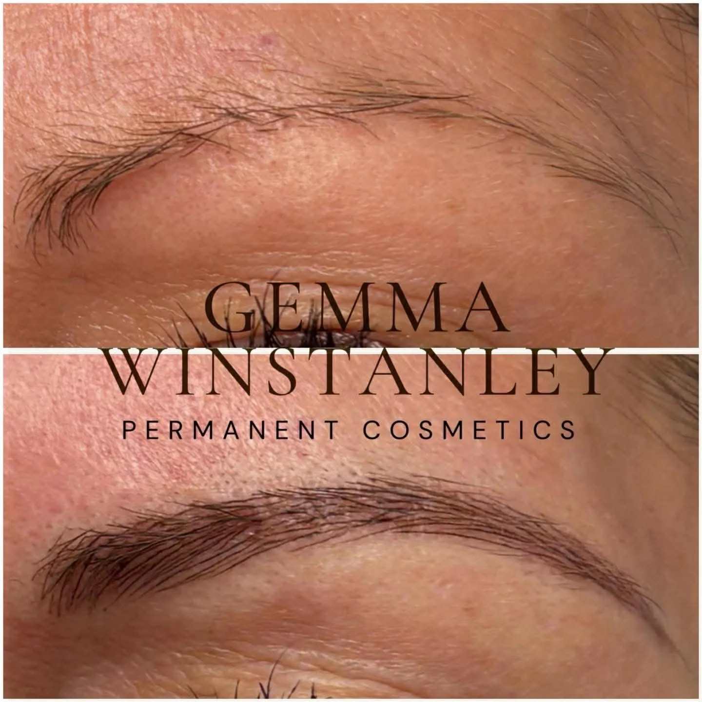 Close-up before and after images of a person's eyebrows, with the text 'GEMMA WINSTANLEY PERMANENT COSMETICS' overlayed, showcasing eyebrow enhancement results.