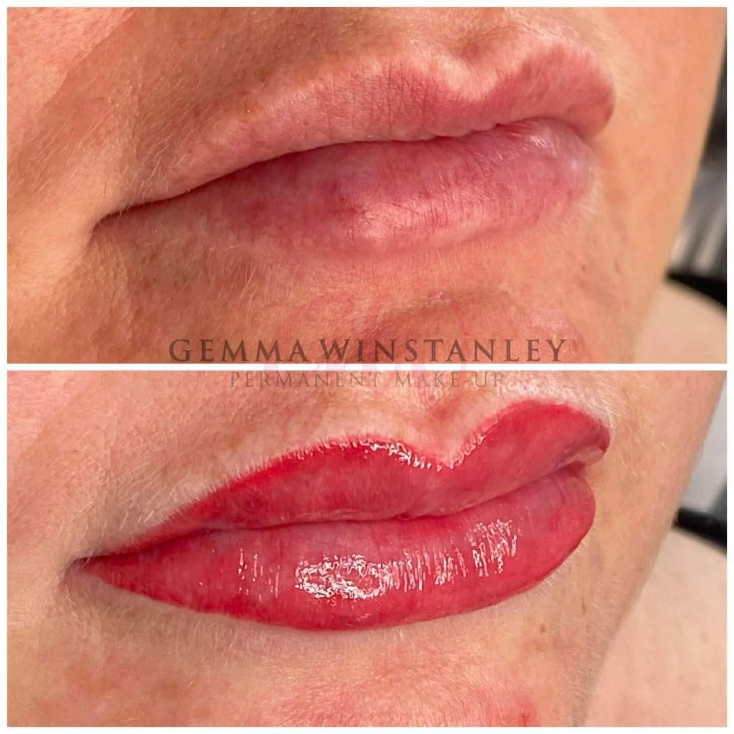 Close-up of a woman's lips before and after permanent makeup, showing the application of lip color and definition.