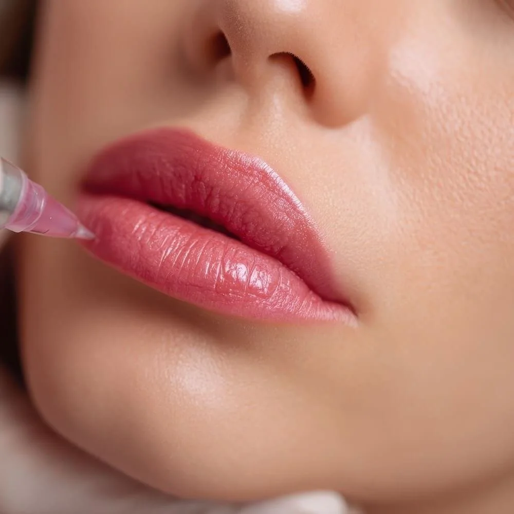 Close-up of a person with pink lipstick getting lip gloss applied.