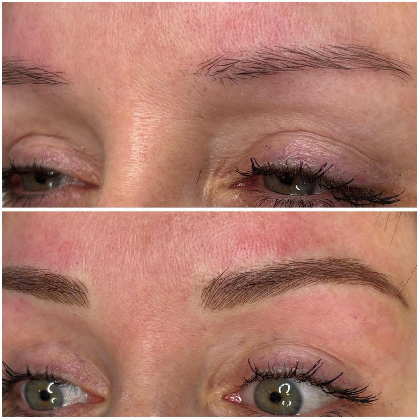 Close-up of a person's eyes and eyebrows before and after eyebrow microblading or enhancement.
