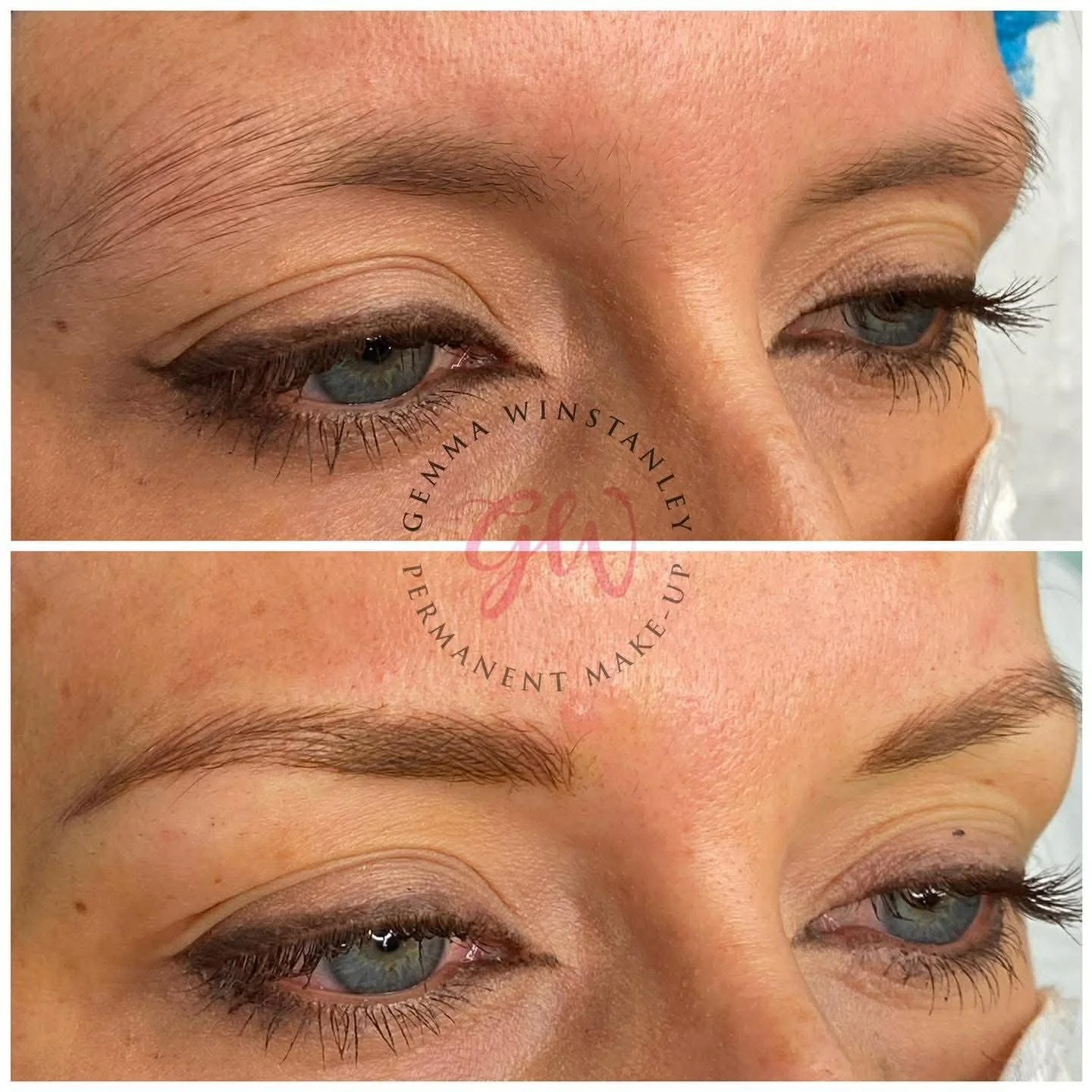 Close-up of a woman's face showing a before-and-after comparison of eyebrow makeup or microblading. The top image shows natural, sparse eyebrows, and the bottom image shows fuller, well-shaped eyebrows.