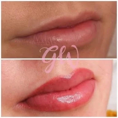 Close-up of lips showing before and after lip gloss application.