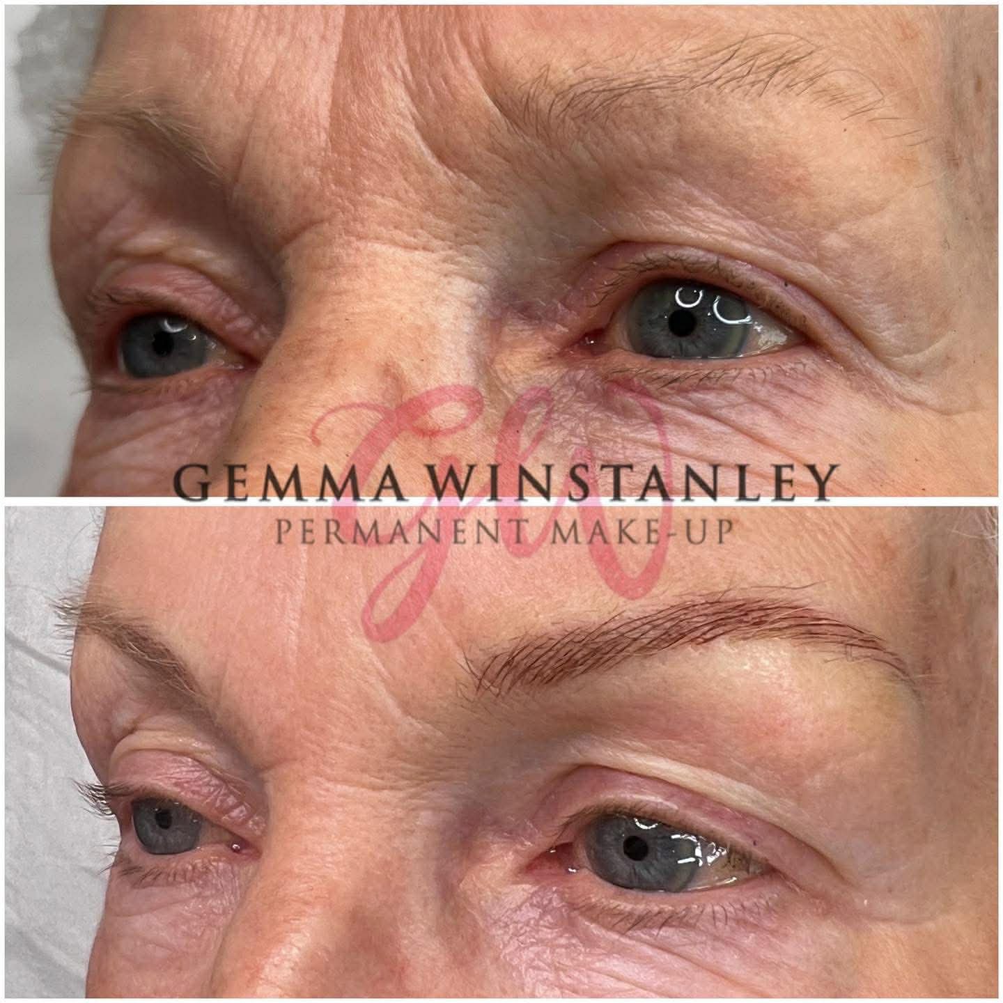 Close-up of a woman's face showing before and after permanent makeup on eyebrows, with visible improvements in brow shape and fullness.
