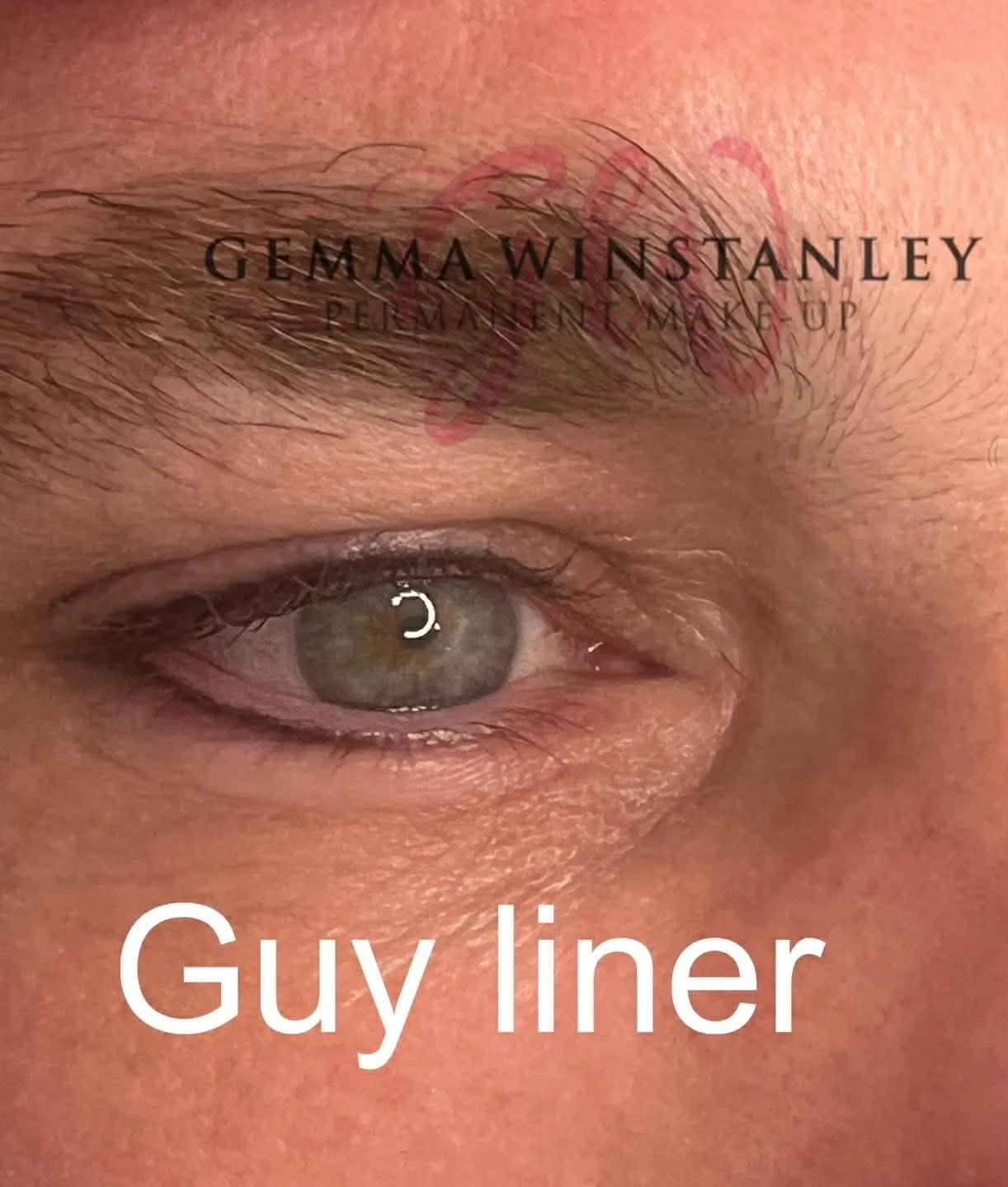 Close-up of a person's eye with text overlay: 'Gemma Winstanley, Permanent Makeup, Guy Liner'.