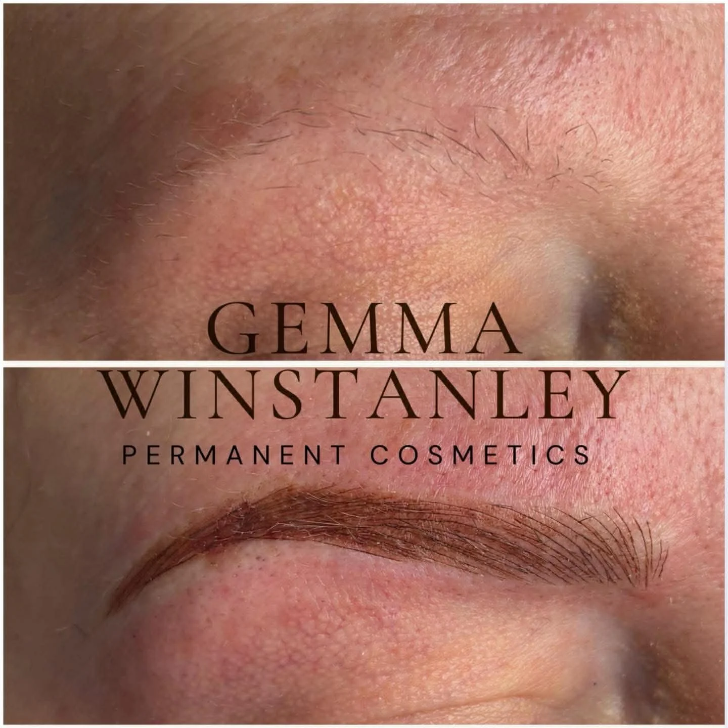 Before and after images of eyebrow makeup transformation by Gemma Winstanley, permanent cosmetics