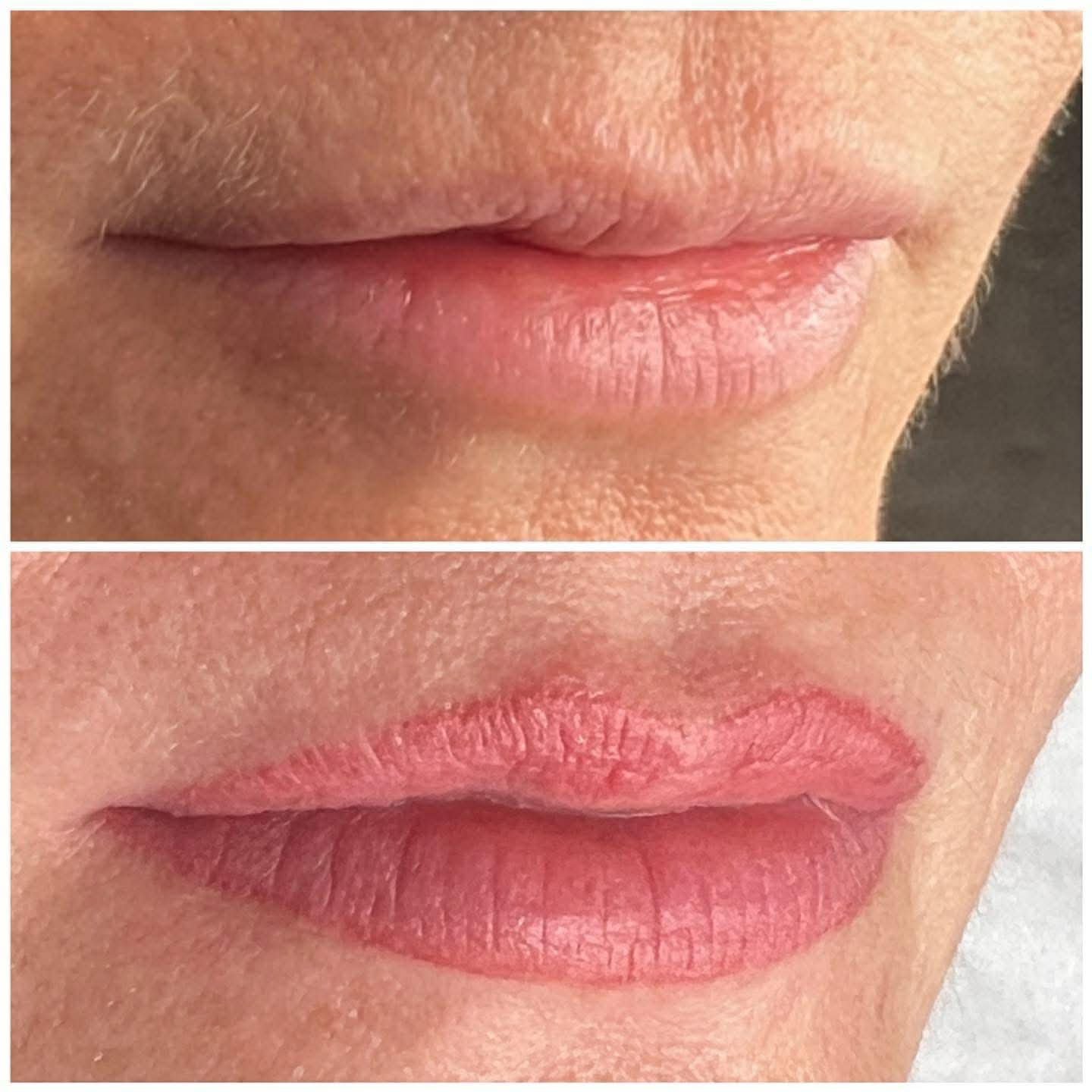 Close-up of a person's lips before and after applying lipstick. The top shows natural lips, and the bottom shows lips with pink lipstick applied.