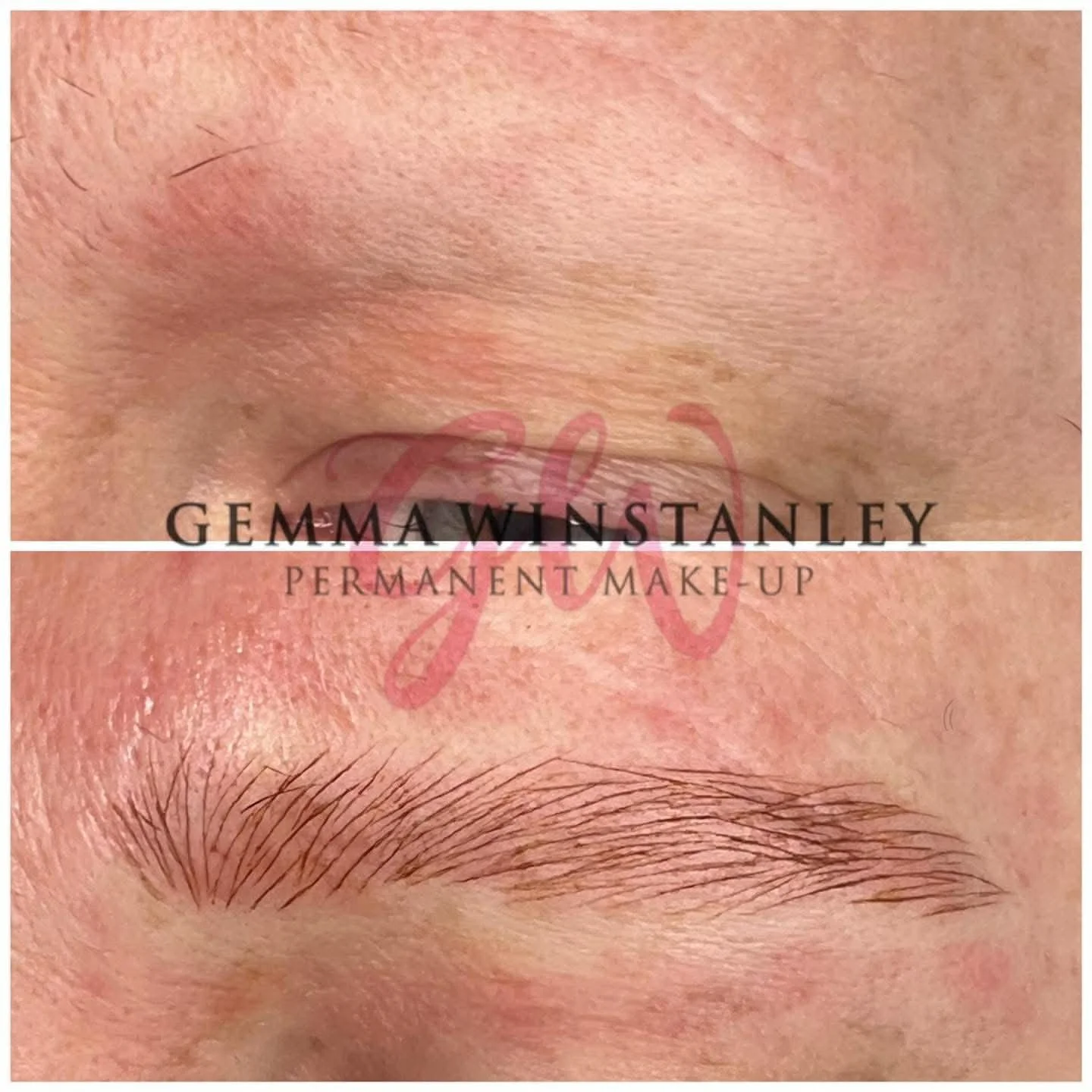 Close-up of a person's face showing a before and after of permanent makeup eyebrow tattooing, with the top half showing natural eyebrows and the bottom half showing newly tattooed, defined eyebrows.