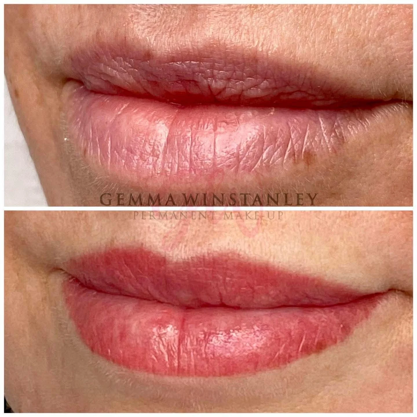Comparison of lips before and after permanent makeup treatment, showing improved shape and color.