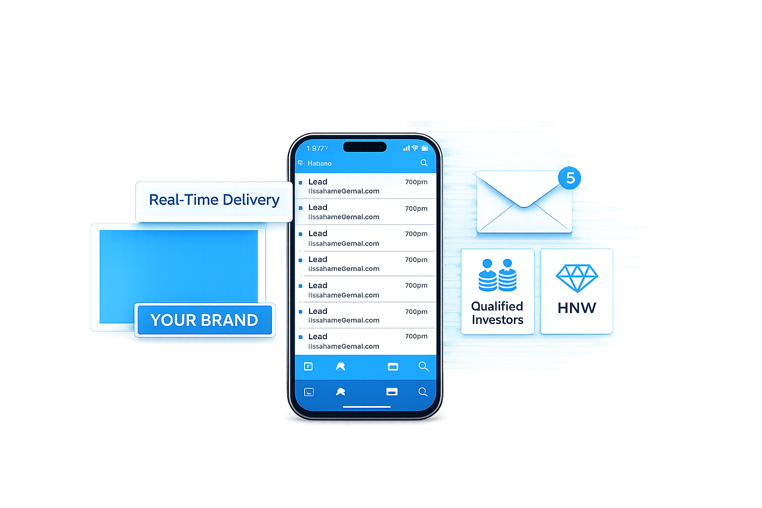 Smartphone showing lead delivery app with qualified investor targeting
