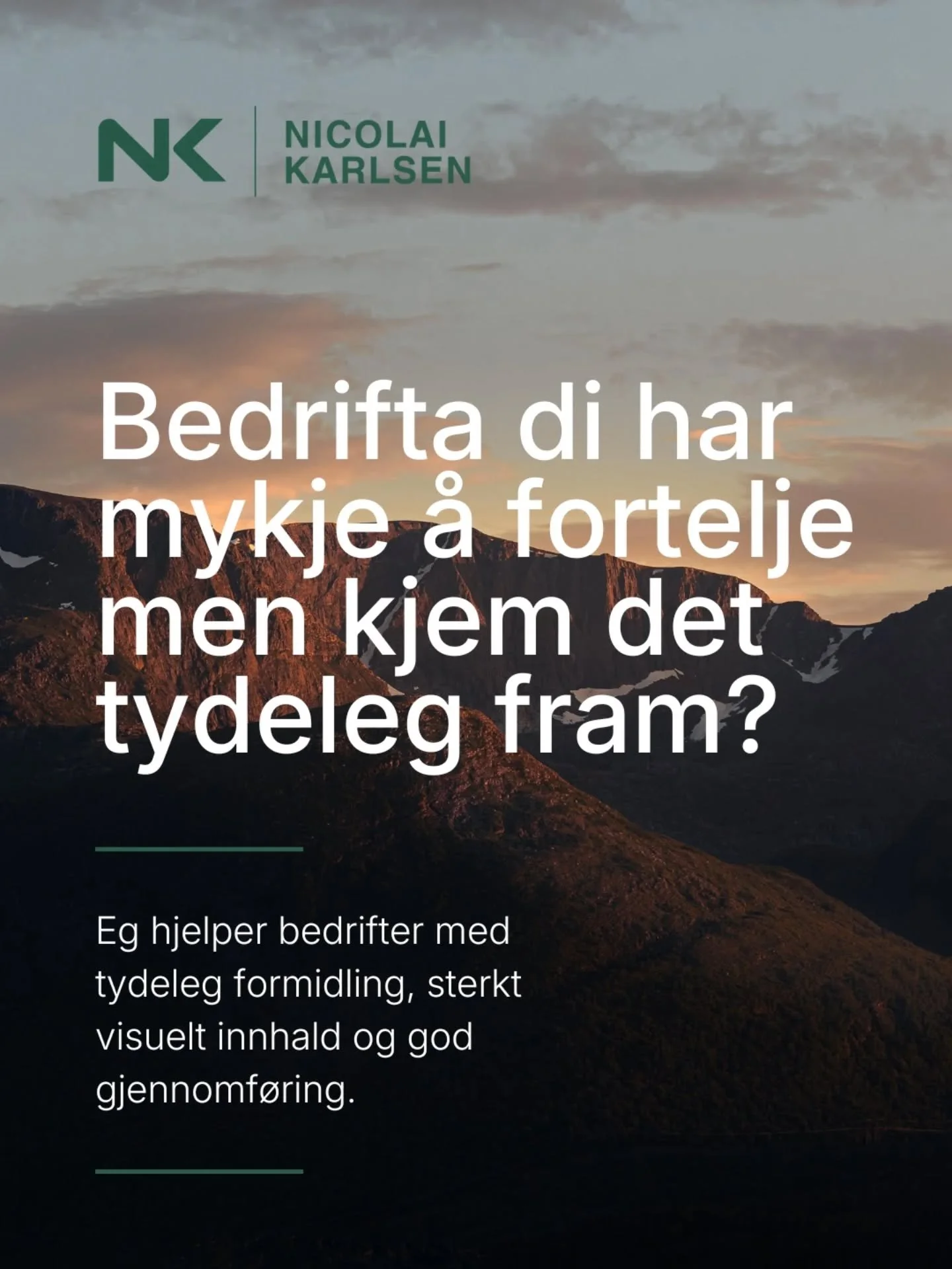 Har de mykje bra &aring; vise fram, men lite struktur p&aring; marknadsarbeidet? 👀

D&aring; kan eg hjelpe.

Eg jobbar med bedrifter som &oslash;nskjer:
&ndash; betre bilete og video
&ndash; tydelegare bodskap
&ndash; meir relevant innhald
&ndash; e