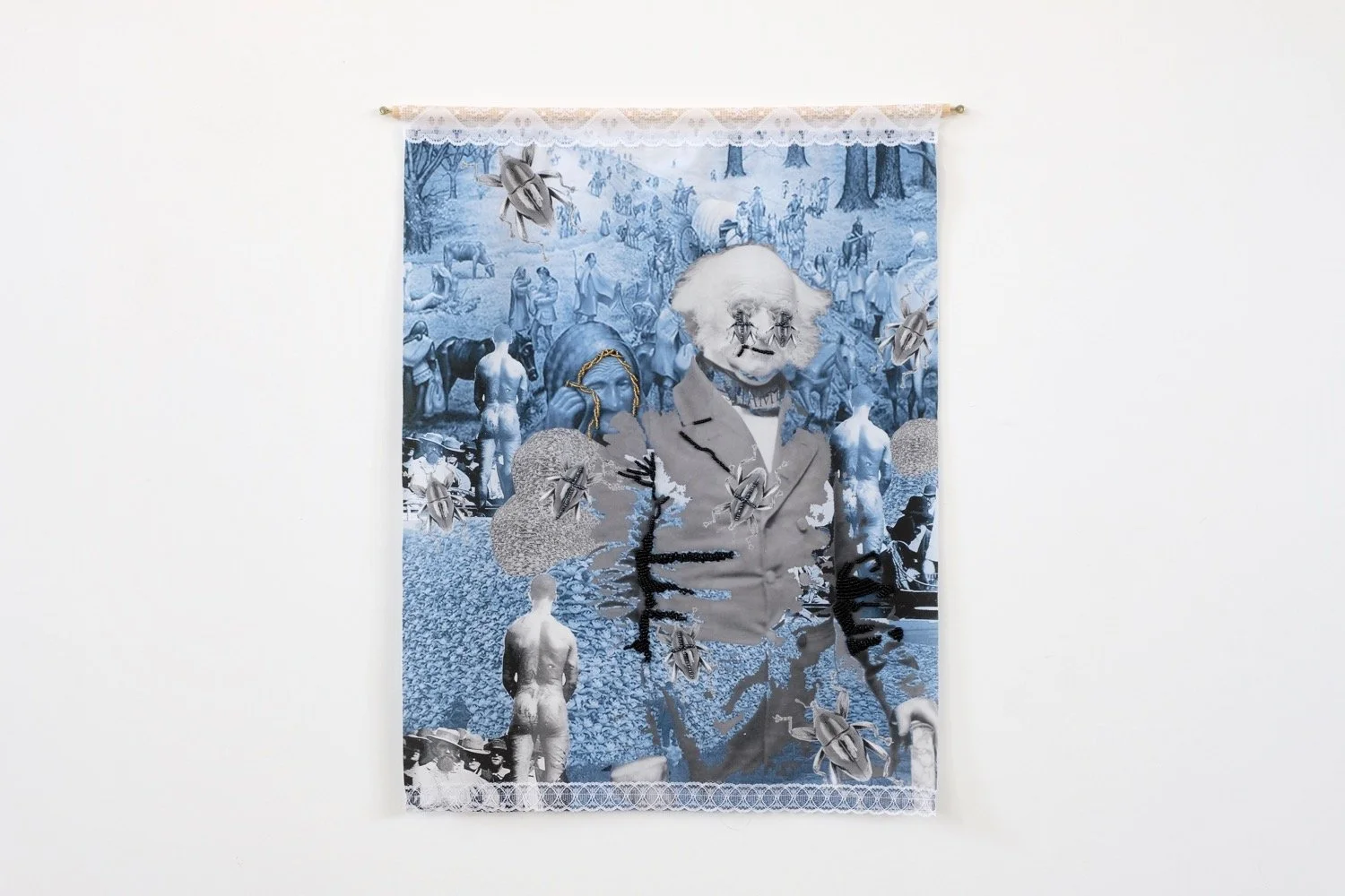 Patricia Kaersenhout No Names please! 2017

beads on printed cotton, lace, wooden dowel, 8 parts
each 48 x 38 cm (PK2017-8) photo: Tor Jonsson