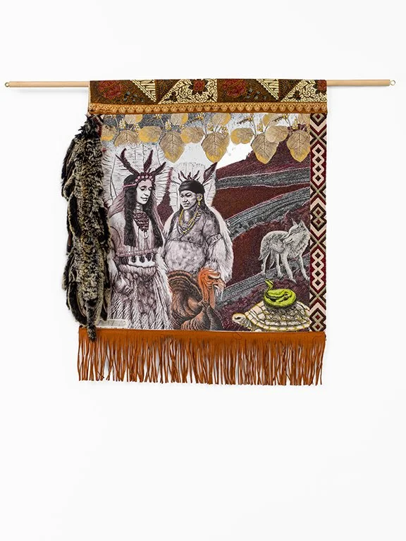 A Phantasmagoricial history of Manhatta Island 2024

Pre - colonial life
The protection of the clans
Mixed media on cotton mounted on paper,
African Fabrics, wooden dowel
54 cm x 70 cm
photo Aatjan Renders