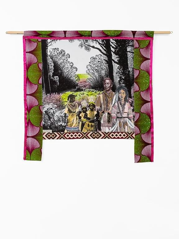 A Phantasmagoricial history of Manhatta Island 2024

Pre-Colonial life
People of the sacred lands
Mixed media on cotton mounted on paper,
African Fabrics, wooden dowel
69 cm x 70 cm
photo Aatjan Renders