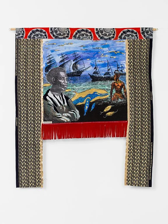 A Phantasmagoricial history of Manhatta Island 2024

The arrival of the salty people #2
Mixed media on cotton mounted on paper,
African Fabrics, wooden dowel
80,5 cm x 92 cm
photo Aatjan Renders