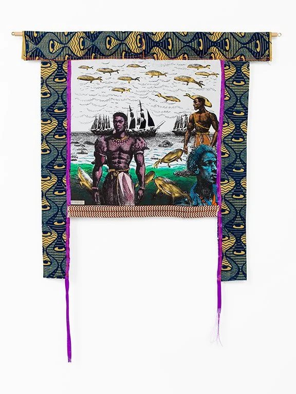 A Phantasmagoricial history of Manhatta Island 2024

The arrival of the salty people #5
Mixed media on cotton mounted on paper,
African Fabrics, wooden dowel
82 cm x 82 cm
photo Aatjan Renders