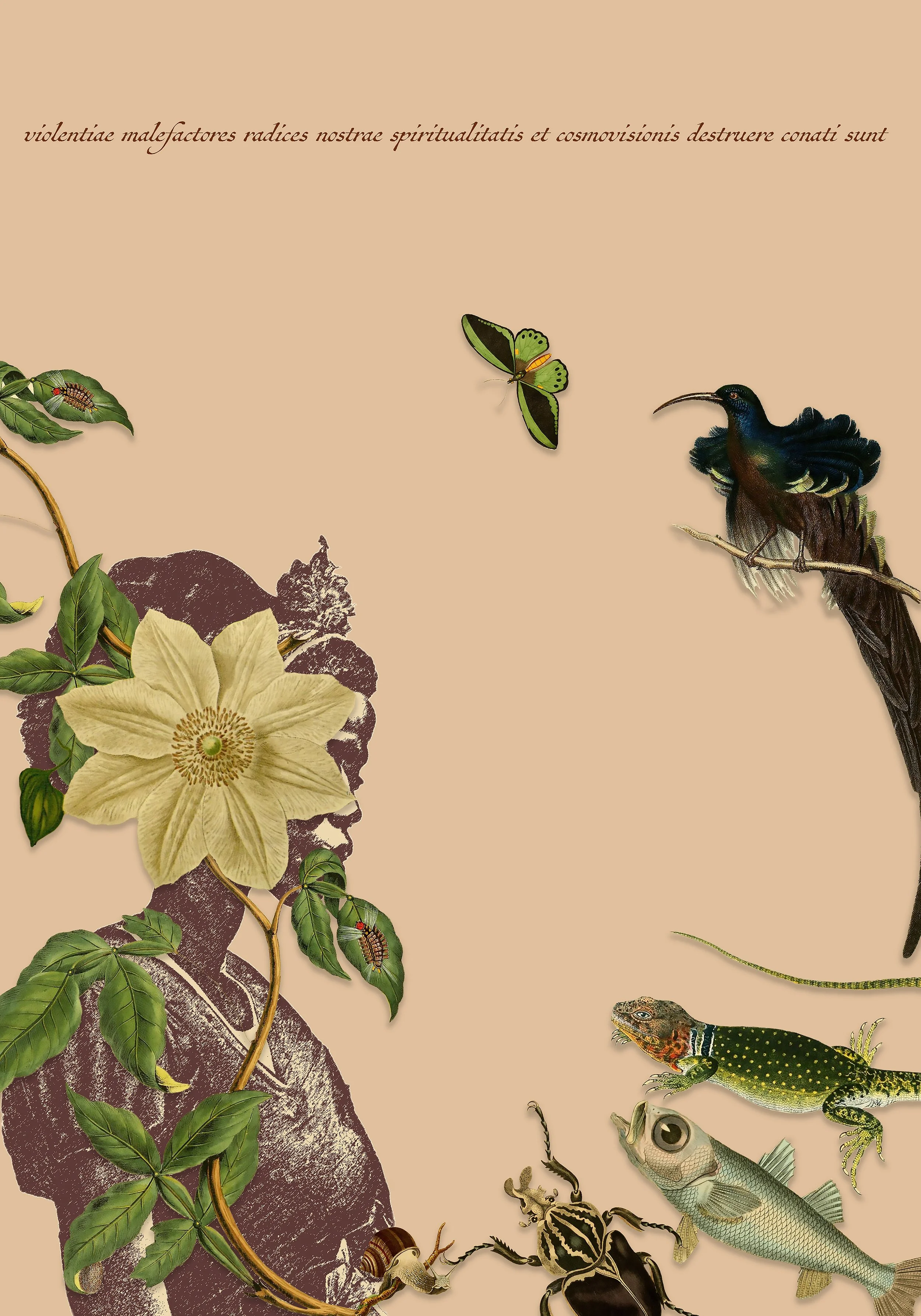 the perpetrators of violence have systematically tried to destroy
 the roots of our spirituality and our cosmo vision. Digital print on etching paper, blind embossing
55 cm x 78 cm
2024