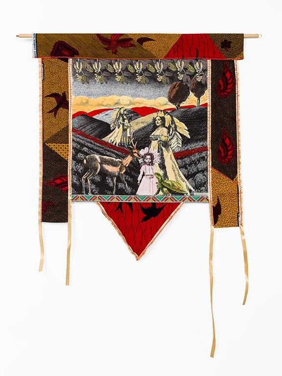 A Phantasmagoricial history of Manhatta Island 2024

Pre-Colonial life
Strawberry fields
Mixed media on cotton mounted on paper,
African Fabrics, wooden dowel
76 cm x 70 cm
photo Aatjan Renders