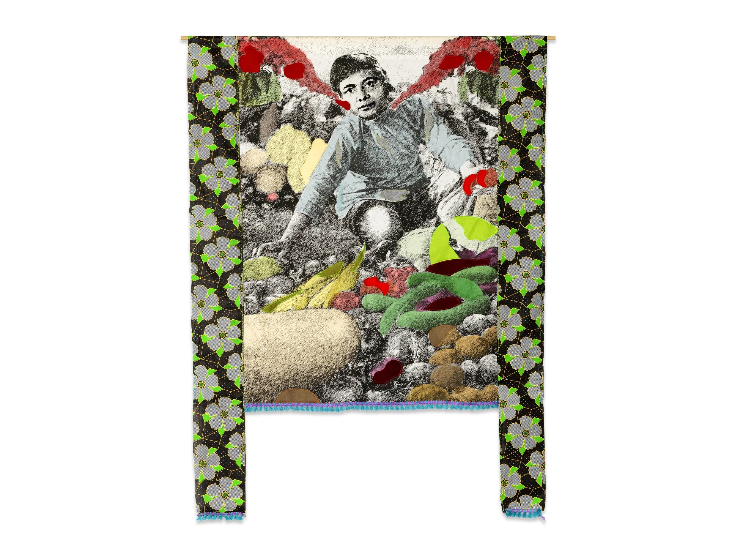 Patricia Kaersenhout Food for thought 2018 Paulette Nardal

digital print on cotton, felt, beads, African fabric. 147 x 109 cm, unique (Paulette Nardal)
private collection Brussels
photo Aatjan Renders