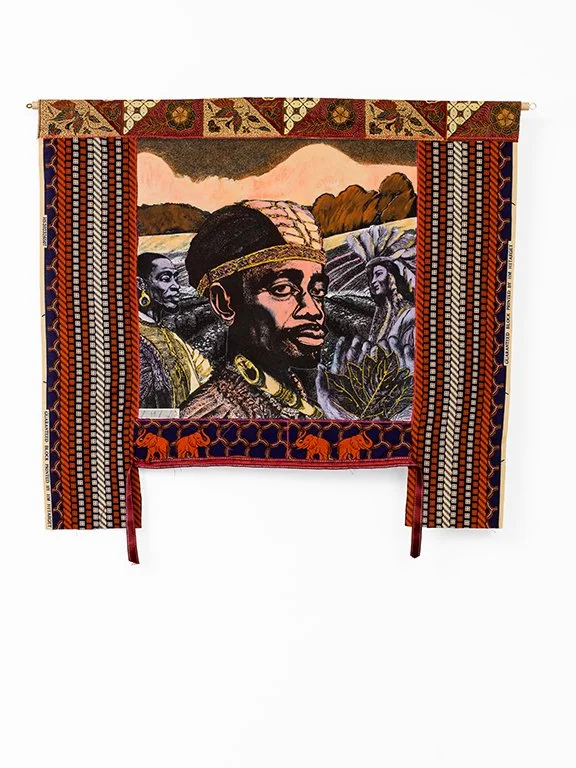 A Phantasmagoricial history of Manhatta Island 2024

We come in peace and love
Mixed media on cotton mounted on paper,
African Fabrics, wooden dowel
83,5 cm x 75 cm
photo Aatjan Renders