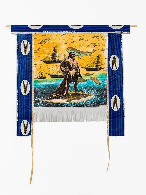 A Phantasmagoricial history of Manhatta Island 2024

The arrival of the salty people #1
Mixed media on cotton mounted on paper, leather,
African Fabrics, wooden dowel
79 cm x 74cm
photo Aatjan Renders