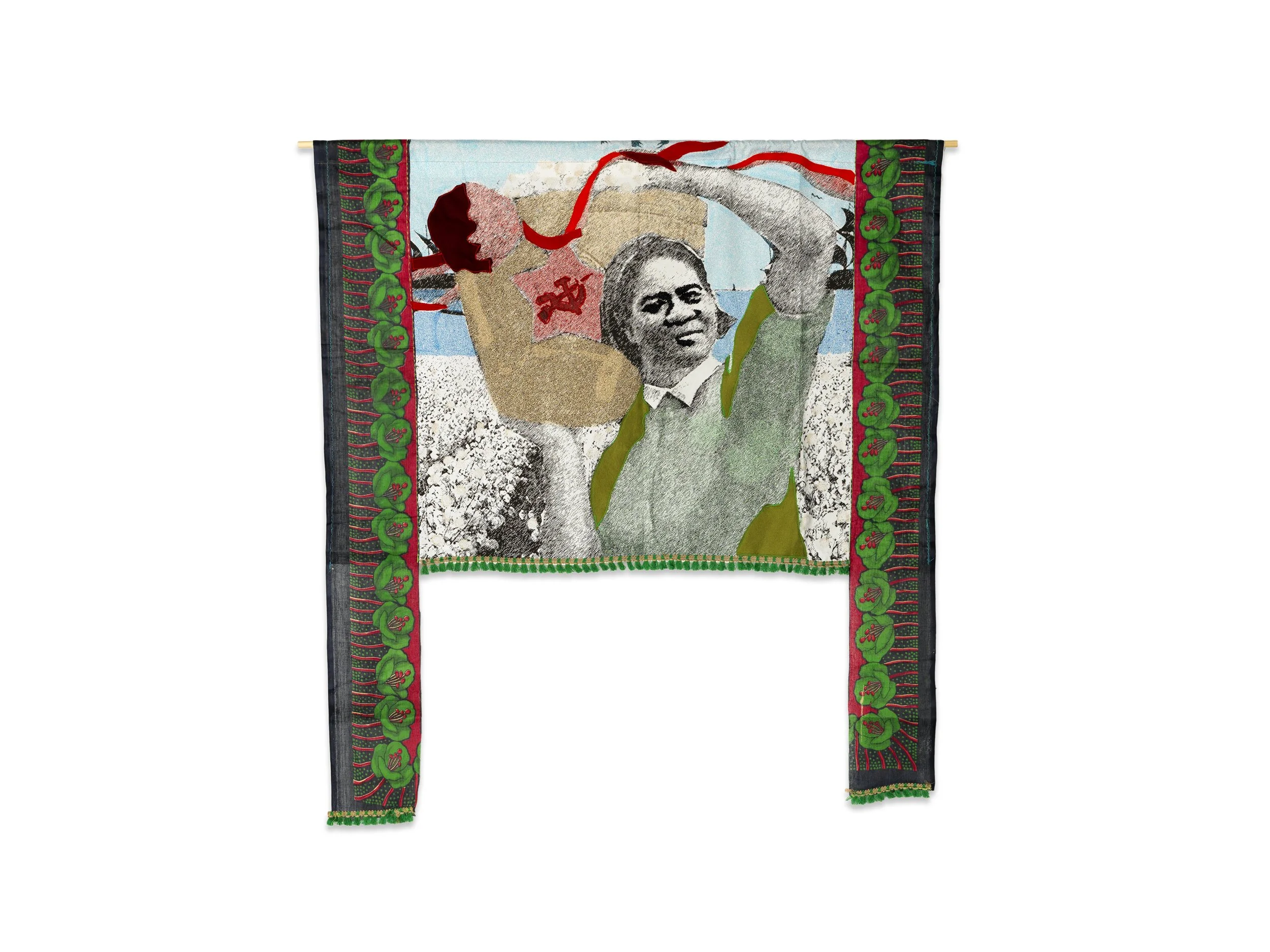 Patricia Kaersenhout Food for thought 2018 Elma Francois

Digital print on cotton, felt, beads, African Fabric. 120 x 110 cm, unique (Elma Francois)
private collection Brussels. photo Aatjan Renders