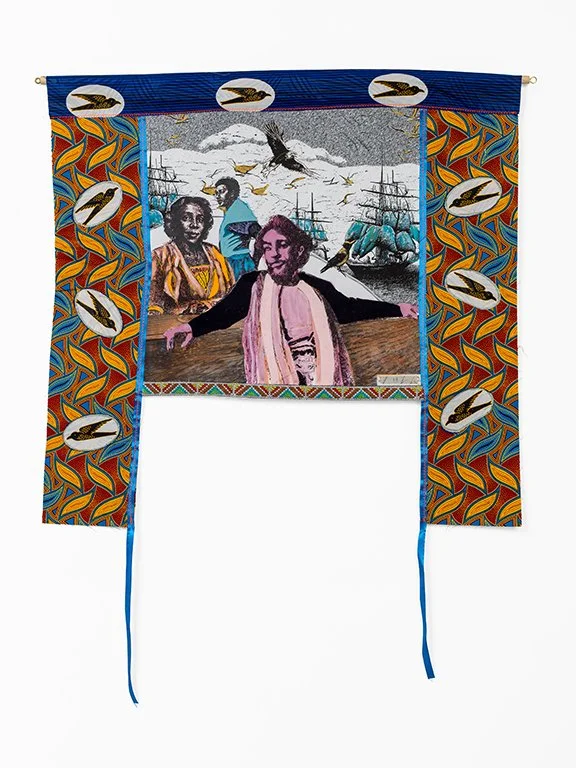 A Phantasmagoricial history of Manhatta Island 2024

The sailing ships of decay
Mixed media on cotton mounted on paper,
African Fabrics, wooden dowel
84 cm x 79,5 cm
photo Aatjan Renders