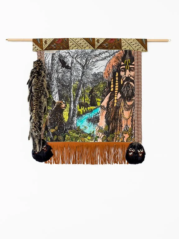 A Phantasmagoricial history of Manhatta Island 2024

Pre - colonial life
The return of the animals
Mixed media on cotton mounted on paper, African Fabrics,
Bird feathers, fur, wooden dowel
61,5 cm x 67 cm
photo Aatjan Renders