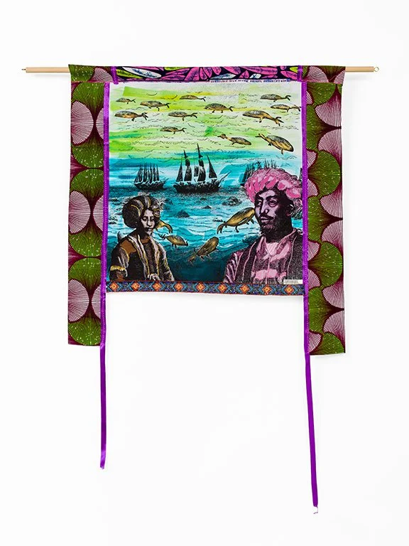 A Phantasmagoricial history of Manhatta Island. 2024

The arrival of the salty people #4
Mixed media on cotton mounted on paper,
African Fabrics, wooden dowel
67,5 cm x 71 cm
photo Aatjan Renders