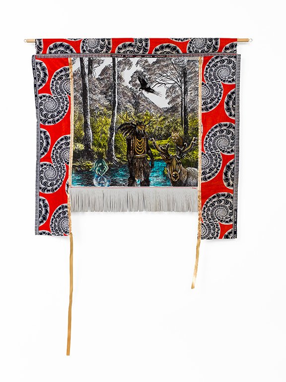 A Phantasmagoricial history of Manhatta Island 2024

Pre - Colonial life
Forrest spirit
Mixed media on cotton mounted on paper,
African Fabrics, wooden dowel
73 cm x 76 cm
photo Aatjan Renders