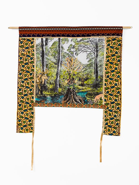 A Phantasmagoricial history of Manhatta Island 2024

Pre-Colonial life
Creation Story
Mixed media on cotton mounted on paper,
African Fabrics, wooden dowel
74 cm x 78 cm
photo Aatjan Renders