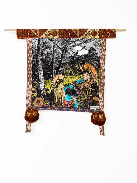 A Phantasmagoricial history of Manhatta Island 2024

Pre-Colonial life 
Forrest spirits & The return of animals
Mixed media on cotton mounted on paper, African Fabrics,
bird feathers, wooden dowel
70,5 cm x 60 cm
photo Aatjan Renders