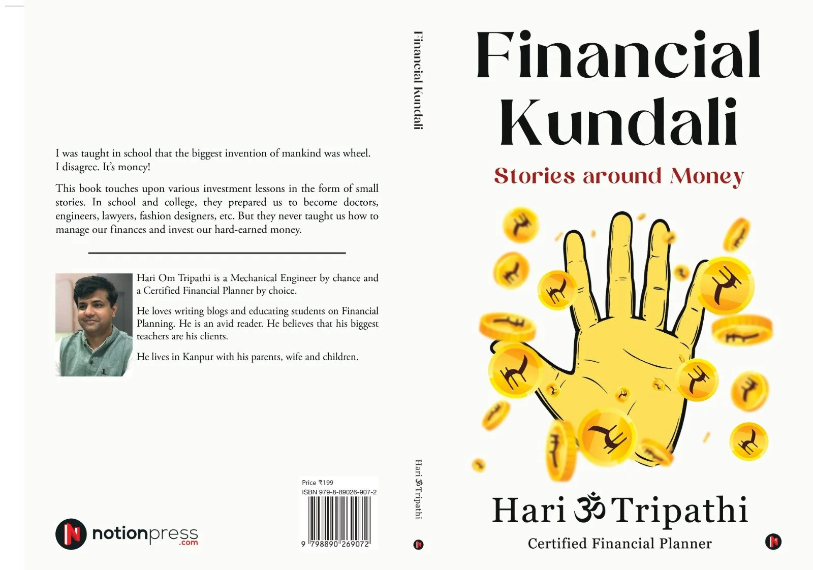 The book cover features the title "Financial Kundali" with the subtitle "Stories around Money" and an illustration of a hand with coins around it. The author's name is Hari Om Tripathi, a certified financial planner. The back cover contains a brief biography of the author, a book description, and a barcode with pricing information.