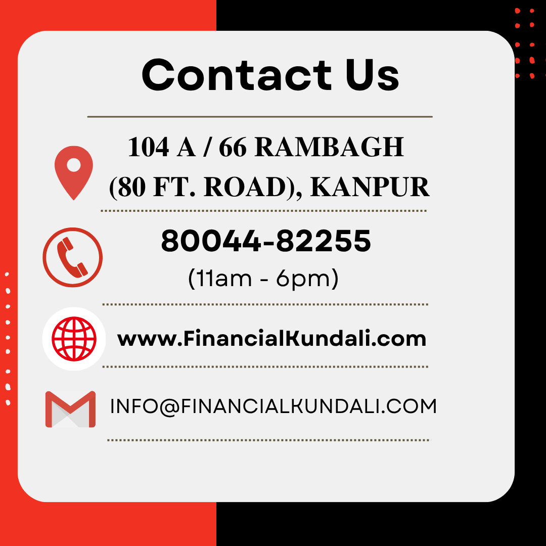 A contact information card with the title "Contact Us" showing an address in Kanpur, a phone number, a website, and an email address, with icons representing location, phone, web, and email.