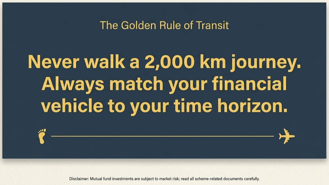 The image presents a dark background with yellow text titled "The Golden Rule of Transit". It states, "Never walk a 2,000 km journey. Always match your financial vehicle to your time horizon." There are small icons of a footprint on the left and an airplane on the right, connected by a yellow line. Small disclaimer text is at the bottom about mutual fund investments and market risk.