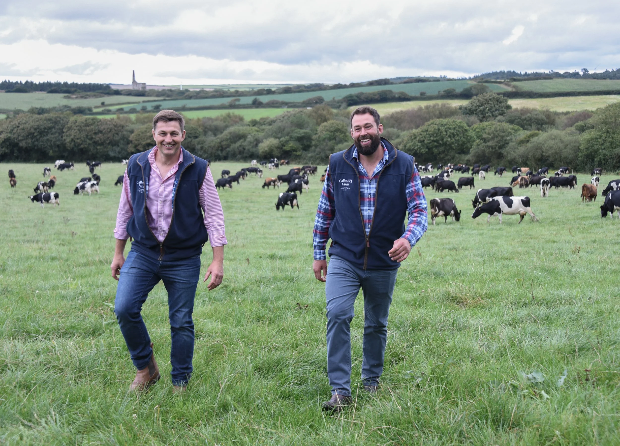 Two men walking through a green pasture with black and white cows, hills, trees, and a cloudy sky in the background.