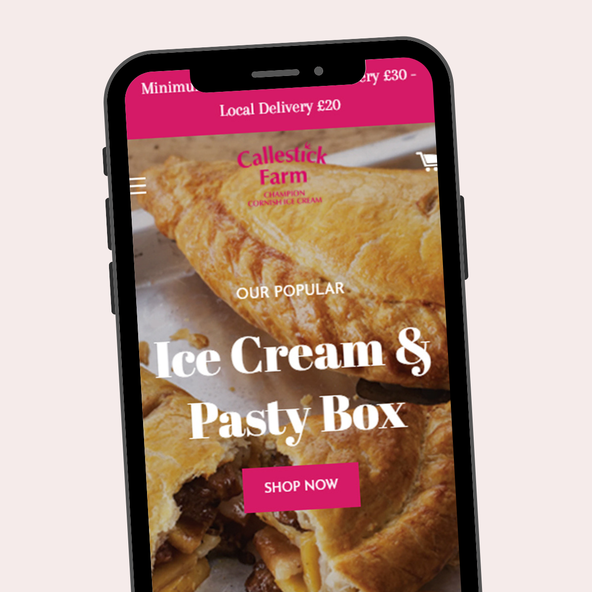 A mobile phone display showing a website or app for Callestick Farm with an image of a savory beef and onion pasty with a golden crust, advertising ice cream and pasty boxes, with a pink "Shop Now" button.