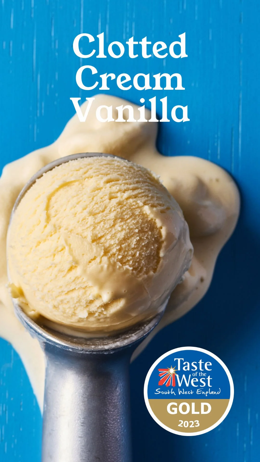 Espoonful of vanilla ice cream with a blue background, featuring a white and gold Taste of the West South West England Gold 2023 award badge.