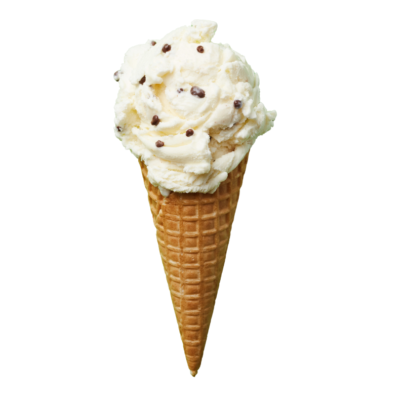 A scoop of vanilla ice cream with chocolate sprinkles in a waffle cone.