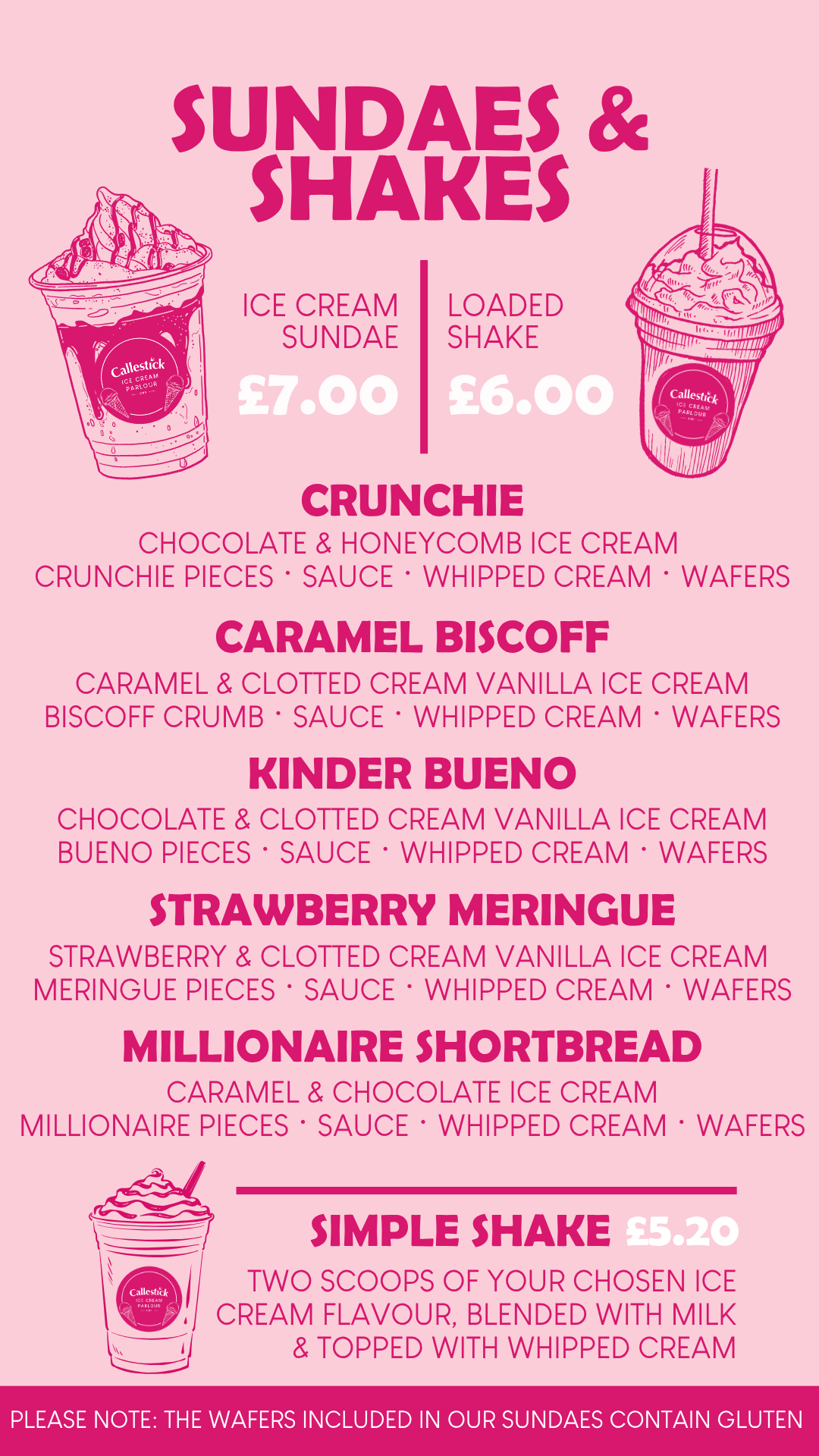 Menu poster featuring various ice cream desserts and milkshakes with prices and descriptions on a pink background.
