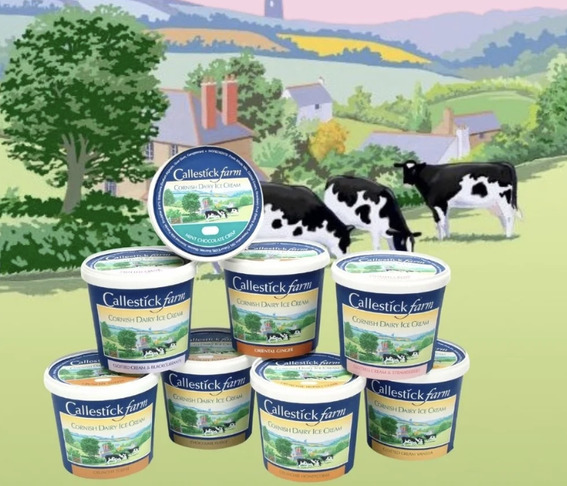 Selection of Callestick Farm Cornwall Dairy Ice Cream in various flavors, set outdoors with cows grazing and countryside in background.
