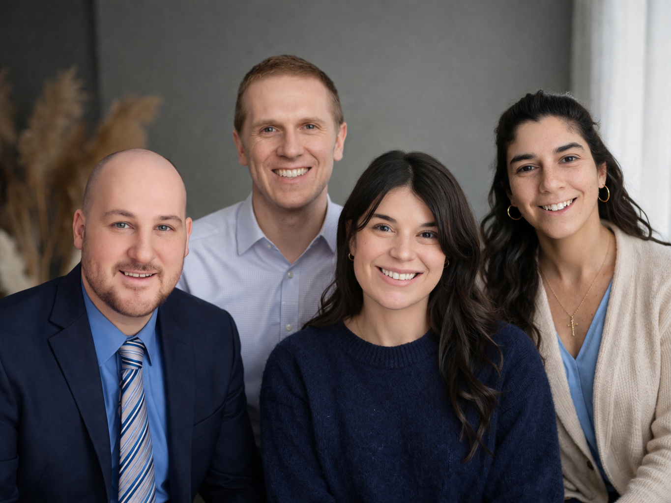 A group of five diverse adults smiling indoors, posing for a photo.