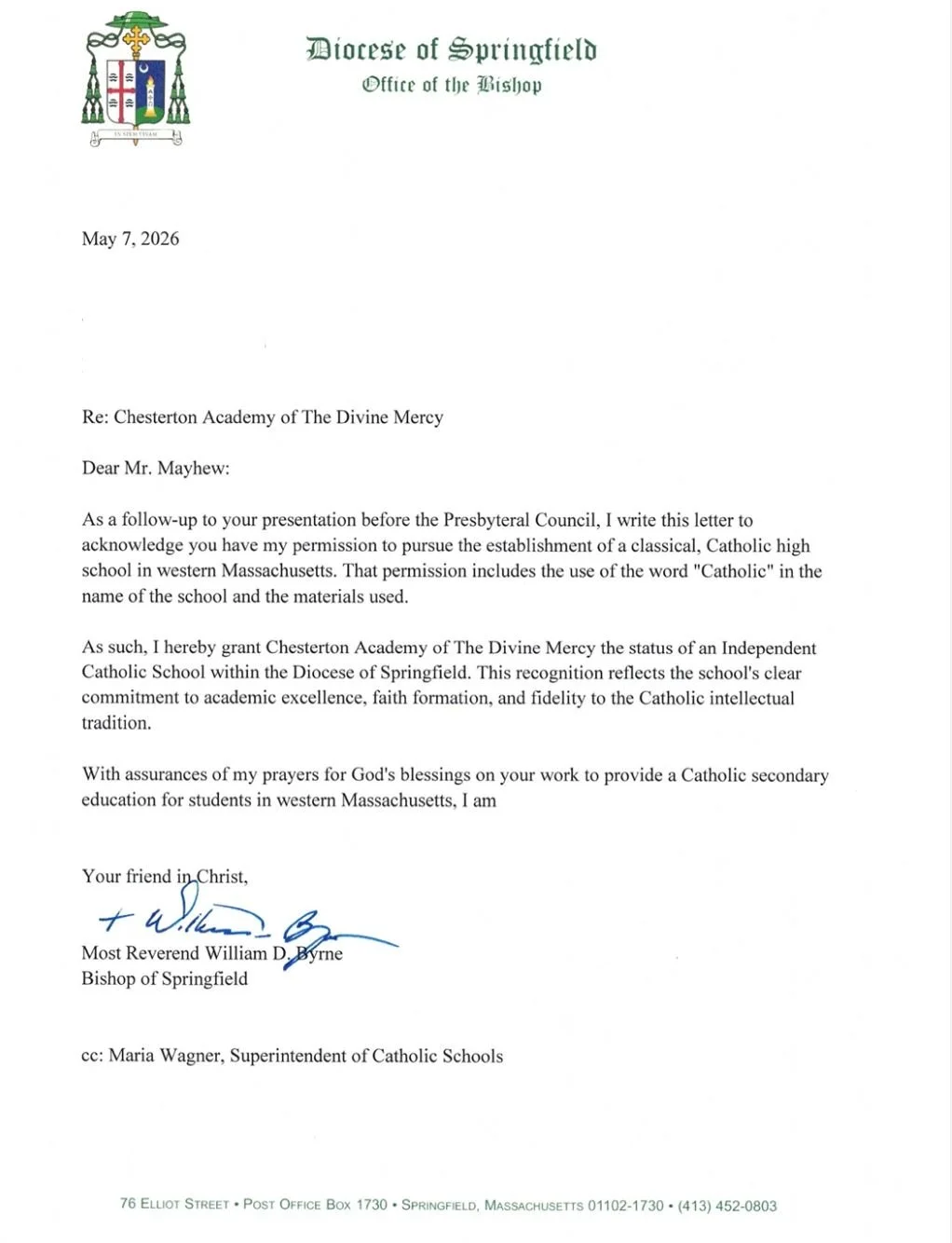 Chesterton Academy of The Divine Mercy approved as a new Catholic high school in the Diocese of Springfield